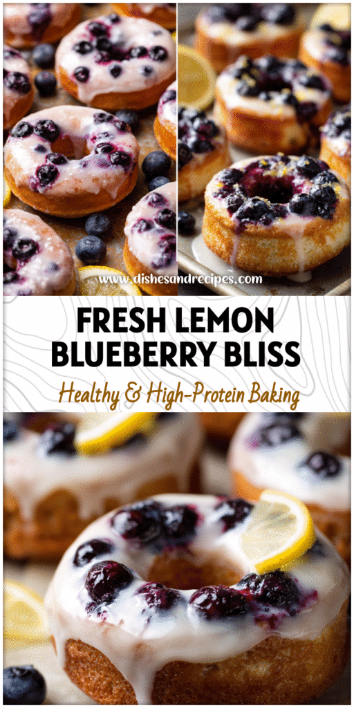 Golden baked Lemon Blueberry Donuts on a tray with glaze, showcasing Unique Donuts Ideas and Homemade Donuts Recipe style.